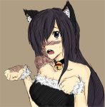  1girl animal_ears artist_request bare_shoulders bell bell_collar black_hair blush breasts cat_ears collar dress fur_trim hair_over_one_eye ikezawa_hanako katawa_shoujo long_hair nekomimi_mode nyan paw_pose purple_eyes scar simple_background solo strapless_dress twrlare violet_eyes 