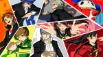  4girls all-out_attack amagi_yukiko black_eyes black_hair blonde_hair blue_hair brown_eyes brown_hair cardigan glasses grey_eyes grey_hair hanamura_yousuke headphones jacket kujikawa_rise kuma_(persona_4) multiple_boys multiple_girls narukami_yuu official_art orange_hair persona persona_4 persona_4_the_golden pink_hair satonaka_chie scar shirogane_naoto smile soejima_shigenori tatsumi_kanji track_jacket 