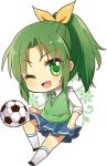  ;d ball cardigan chibi green_eyes green_hair kneehighs long_hair lowres midorikawa_nao moorina no_nose open_mouth ponytail precure skirt sleeves_rolled_up smile smile_precure! soccer_ball solo sweater_vest white_background white_legwear wink 