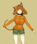  ^_^ animal_ears blush_stickers breasts brown_background brown_hair cat_ears cat_tail closed_eyes collar eyes_closed haruka_(muneneko) large_breasts long_sleeves muneneko original outstretched_arms ribbed_sweater rough shorts simple_background smile solo spread_arms standing sweater tail thigh-highs thighhighs v_arms white_legwear 