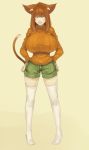  ^_^ animal_ears breasts brown_hair cat_ears cat_tail closed_eyes eyes_closed hands_on_hips haruka_(muneneko) huge_breasts long_hair long_sleeves muneneko no_shoes original ribbed_sweater sepia_background shorts simple_background smile solo standing sweater tail thigh-highs thighhighs white_legwear 