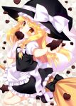  blonde_hair blush bow braid broom chocolate hair_bow hat heart kirisame_marisa meito_(maze) riding solo star touhou witch witch_hat 