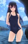  bare_shoulders black_hair blue_eyes character_request collarbone competition_swimsuit erect_nipples hair_ornament highres long_hair looking_at_viewer one-piece_swimsuit open_mouth original partially_submerged rock swimsuit wacchi water 