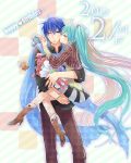  1girl aqua_hair boots bouquet bracelet carrying closed_eyes eyes_closed flower gift hatsune_miku height_difference high_heels highres irono_yoita jewelry kaito kiss long_hair nail_polish ring shoes skirt twintails very_long_hair vocaloid wink 