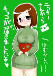  1girl artist_request blush bottomless breasts brown_eyes brown_hair glasses hair_ornament hairclip nikki_(swapnote) nintendo red-framed_glasses short_hair solo standing swapnote sweater translation_request valentine 