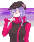  blush casual hat highres lavender_hair letty_whiterock purple_eyes scarf short_hair sisenshyo solo touhou violet_eyes 