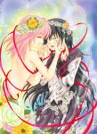  akemi_homura bruise closed_eyes eyes_closed flower hair_flower hair_ornament hands_on_another&#039;s_face hands_on_another's_face hurricane_rinrin injury kaname_madoka long_hair magical_girl mahou_shoujo_madoka_magica multiple_girls nude open_mouth red_string ribbon smile string torn_clothes 
