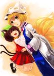  bad_id blonde_hair brown_hair cat_ears cat_tail chen closed_eyes dress eyes_closed fox_tail hand_on_another&#039;s_chest hand_on_another's_chest hat hat_with_ears highres jumping maccha_cocoa multiple_tails open_mouth shirt short_hair skirt skirt_set smile tabard tail touhou vest white_dress yakumo_ran yellow_eyes 