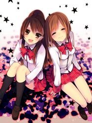  :d black_legwear blazer bowtie brown_eyes brown_hair closed_eyes eyes_closed from_above kneehighs leg_hug loafers long_hair multiple_girls open_mouth original petals plaid plaid_skirt rugo school_uniform shoes sitting skirt smile star 