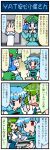  4koma :&lt; artist_self-insert backpack bag blue_hair blush closed_eyes clothes_writing comic detached_sleeves food green_eyes green_hair hair_bobbles hair_ornament hat heterochromia highres kawashiro_nitori key kochiya_sanae mizuki_hitoshi multiple_girls open_mouth real_life_insert shirt skirt smile sweat tatara_kogasa touhou translated twintails 