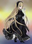  blonde_hair boots dress frills gosick gothic_lolita green_eyes hairband high_heels highres lolita_fashion long_hair looking_at_viewer looking_back pipe shoes solo standing very_long_hair victorica_de_blois yumeki 