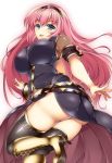  ass black_legwear blue_eyes boots breasts cross-laced_footwear hairband huge_breasts impossible_clothes impossible_shirt izayoi_kaname lace-up_boots long_hair looking_at_viewer looking_back megurine_luka open_mouth pink_hair plump simple_background solo thick_thighs thigh-highs thighhighs thighs vocaloid 