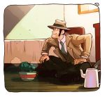  fedora hat lupin_iii male necktie sideburns sitting smile solo trench_coat zakki zenigata_kouichi 