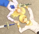  1girl blonde_hair bracelet casual closed_eyes dress excalibur eyes_closed fate/stay_night fate/zero fate_(series) flower gilgamesh hair_down interlocked_fingers jewelry lily_(flower) long_hair necklace nonsensei red_eyes saber 
