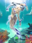  anklet aoyama_hitsuji barefoot bikini blue_hair bracelet coral cuffs fins fish freediving glowing jewelry long_hair mugen_no_fantasia nature ocean rock swimming swimsuit tied_hair underwater water 