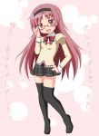  absurdres akemi_homura akemi_homura_(cosplay) alternate_costume alternate_hairstyle blush bow cosplay fang footwear glasses hairband highres long_hair mahou_shoujo_madoka_magica mai_(t-5) mai_t-5 open_mouth red-framed_glasses red_eyes red_hair redhead sakura_kyouko school_uniform skirt smile socks solo thigh-highs thighhighs too_bad!_it_was_just_me! translated translation_request 