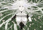  android blue_eyes breasts cable collarbone damaged expressionless flower highres hitaki_azami leaf lips long_hair looking_at_viewer lying no_arms on_back original ribs robot_joints silver_hair solo stare very_long_hair 
