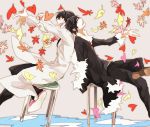  black_hair closed_eyes durarara!! eyes_closed glasses happy kishitani_shinra labcoat leaf multiple_boys necktie open_mouth orihara_izaya outstretched_arms petals short_hair smile spread_arms yone_(kaguudou) 