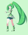  absurdres ahiruaoba bike_shorts colored_eyelashes cure_march green green_background green_eyes green_hair highres long_hair looking_at_viewer looking_back magical_girl midorikawa_nao ponytail precure shorts_under_skirt simple_background skirt smile_precure! smirk solo squinting tri_tails 