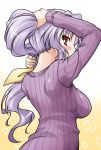 adjusting_hair akou_roushi blush breasts bunching_hair bust crescent from_behind hair large_breasts long_hair looking_back nape ponytail purple_hair red_eyes ribbed_sweater slender_waist solo star sweater touhou watatsuki_no_yorihime 