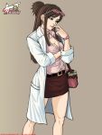  bag belt blouse breasts brown_hair capcom cleavage earrings finger_to_mouth glasses_on_head gyakuten_saiban handbag highres houzuki_akane jacket jewelry labcoat lips long_coat long_hair miniskirt mugensaku open_clothes open_jacket pink_glasses pout skirt sleeves_rolled_up thinking tied_hair trench_coat watch white_jacket wristwatch 