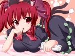  alternate_hairstyle animal_ears bad_id breasts cat_ears cat_tail eating food_in_mouth kaenbyou_rin kuromari_(runia) large_breasts lying mouth_hold multiple_eyes on_stomach pocky red_eyes red_hair redhead solo tail touhou twintails 