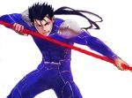  blue_hair earrings fate/stay_night fate_(series) fighting_stance gae_bolg jewelry lancer long_hair male nakano_haito pauldrons polearm ponytail red_eyes simple_background solo spear weapon white_background 