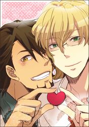  bad_id barnaby_brooks_jr blonde_hair brown_hair facial_hair glasses green_eyes grin heart kaburagi_t_kotetsu multiple_boys mutsuki_ayumi smile stubble tiger_&amp;_bunny wink yellow_eyes 