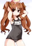  :3 ano_natsu_de_matteru armpits arms_up black_school_swimsuit brown_hair chibi_on_head flat_chest hair_ribbon hands_in_hair highres long_hair open_mouth purple_eyes ribbon rinon_(ano_natsu_de_matteru) school_swimsuit shirogane shirogane_(platinum) smile swimsuit twintails violet_eyes yamano_remon 