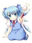  alternate_hairstyle blue_dress blue_eyes blue_hair blush bow cirno dress food food_on_face fork hair_bow kneeling open_mouth outstretched_hand ribbon sanotsuki shirt solo touhou twintails wings 