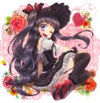  ;d arm_support black_hair black_legwear blush bonnet dress flower frills garter_straps gothic_lolita hat high_heels highres lace lace-trimmed_thighhighs lolita_fashion long_hair open_mouth original purple_eyes shoes smile solo thigh-highs thighhighs twintails two_side_up usaki very_long_hair violet_eyes wink wrist_cuffs 