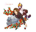  armor brown_hair dog_tags flower inui_takumi kamen_rider kamen_rider_555 kamen_rider_faiz monster multiple_persona white_background wolf_orphnoch 