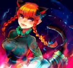  animal_ears braid breasts cat_ears cat_tail dress hair_ribbon kaenbyou_rin multiple_tails orange_hair pointy_ears red_eyes red_hair ribbon solo tail taut_shirt touhou twin_braids yuura 