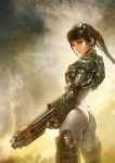  armor ass bodysuit brown_eyes brown_hair copyright_request english gun laser_sight leo_chuang long_hair ponytail rifle science_fiction smoke solo starcraft visor_(armor) weapon 