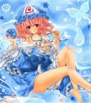  :o bare_legs bare_shoulders barefoot blue_background bow breasts butterfly cherry_blossoms cleavage collarbone fan hat hitodama japanese_clothes kimono long_sleeves looking_at_viewer orb pastel_(medium) pink_hair rano red_eyes ribbon saigyouji_yuyuko short_hair snowflakes solo touhou traditional_media triangular_headpiece 