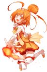  ahoge bike_shorts boots bowtie choker cure_sunny dress earrings fireball foreshortening hair_bun head_wings hino_akane jewelry koto_(colorcube) magical_girl open_mouth orange_(color) orange_dress orange_eyes orange_hair outstretched_hand precure short_hair shorts_under_skirt simple_background skirt smile_precure! solo thigh-highs thigh_boots thighhighs tiara white_background white_legwear 
