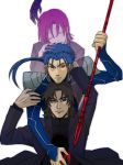  3boys avenger bazett_fraga_mcremitz blue_hair brown_eyes brown_hair cassock earrings fate/hollow_ataraxia fate/stay_night fate_(series) formal gupaon jewelry kotomine_kirei lancer long_hair multiple_boys outstretched_hand person_on_head ponytail purple_hair red_eyes short_hair simple_background suit white_background 