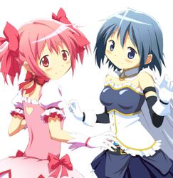  2girls armband blue_eyes blue_hair bow cape gloves gonzaburou hair_bow heart kaname_madoka magical_girl mahou_shoujo_madoka_magica miki_sayaka multiple_girls pink_eyes pink_hair short_hair short_twintails soul_gem twintails 