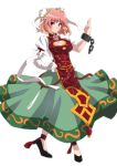  1girl absurdres adapted_costume bandages blush breasts chinese_clothes cleavage cleavage_cutout cuffs double_bun dress embroidery flower full_body hand_on_hip highres ibaraki_kasen large_breasts makai rose short_hair simple_background slippers smile solo tabard touhou 