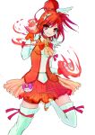  absurdres aki_ii bike_shorts choker clenched_hands cure_sunny dress fire fist grin hair_bun highres hino_akane magical_girl orange_(color) orange_dress orange_hair precure red_eyes short_hair shorts_under_skirt skirt smile smile_precure! solo thigh-highs thighhighs white_background white_legwear 