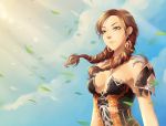  aion bad_id breasts brown_eyes brown_hair bust cleavage cloud kaminary leaf original pauldrons sky solo sunbeam sunlight 