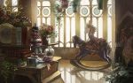  bell book bottle brown_eyes brown_hair clock dress figure flower hand_in_hair hanging_plant hat indoors leaf original pillar pot poten reflective_floor ribbon riding rocking_horse room rose shelf shoes solo sunbeam sunlight table vase window 