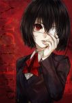  another black_hair blazer eyepatch finger_to_mouth misaki_mei open_mouth red_eyes ribbon rinhachi school_uniform short_hair solo title_drop 
