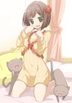  :3 :d arata_toshihira barefoot bed bed_sheet blush brown_hair cat curtains fang flower green_eyes hair_flower hair_ornament idolmaster idolmaster_cinderella_girls kneeling looking_at_viewer maekawa_miku naked_sweater navel on_bed open_mouth paw_pose pillow red_rose ribbed_sweater rose short_hair smile solo sweater wall window 