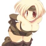  1girl bandeau bent_over blonde_hair boots breasts brown_eyes cleavage elbow_gloves female gloves large_breasts looking_at_viewer miniskirt original sakaki_(noi-gren) short_hair simple_background skirt smile solo thighs top white_background zzz_wait_5_mins_and_xander_will_tag_this 