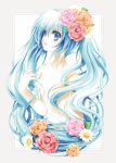    1girl blue_eyes blue_hair flower hatsune_miku long_hair nude solo suzui_narumi twintails very_long_hair vocaloid 