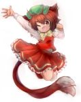  animal_ears arm_up bow brown_eyes brown_hair cat_ears cat_tail chen ear_piercing fang hat jumping mochisuni multiple_tails open_mouth piercing shirt skirt skirt_set smile solo tail touhou vest wink 