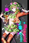  boots breasts gloves goggles goggles_on_head green_eyes green_hair gumi headphones highres ink jacket looking_at_viewer megpoid_(vocaloid3) microphone microphone_stand midriff navel nou short_hair skirt smile solo suspenders thigh-highs thigh_boots thigh_strap thighhighs under_boob underboob vintage_microphone vocaloid zettai_ryouiki 