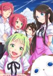  1boy 4girls :d ahoge amanchu! arms_behind_back belt black_hair black_ribbon blue_eyes blush breasts brown_eyes brown_hair buttons choker closed_eyes clouds cloudy_sky collarbone condensation_trail dress eyebrows eyebrows_visible_through_hair green_eyes green_hair grin hair_ornament hairclip hands_on_own_knees hayate_(pixiv1185845) katori_mato kohinata_hikari long_hair looking_at_another looking_at_viewer multiple_girls neck_ribbon ninomiya_ai ninomiya_makoto ooki_futaba open_mouth pants ponytail redhead ribbon school_uniform shirt short_hair short_sleeves sidelocks sky sleeveless sleeveless_dress small_breasts smile teeth twintails x_hair_ornament 