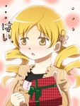  1girl blonde_hair blush casual dress drill_hair gift hair_ornament incoming_gift kame_no_nin mahou_shoujo_madoka_magica official_style open_mouth solo tomoe_mami twin_drills valentine yellow_eyes 